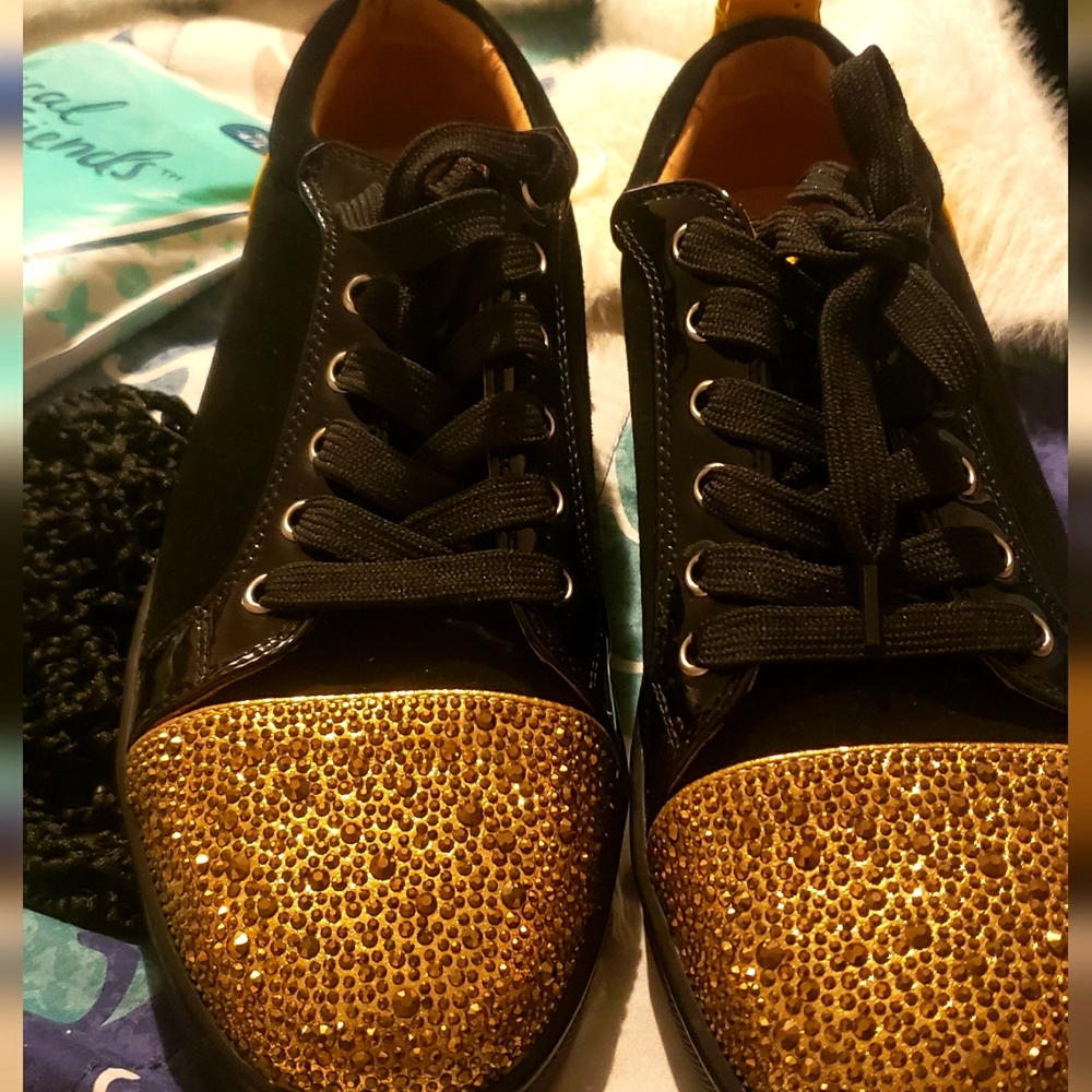 Christian Louboutin  Size 8  Black Yellow  and Swaroski  Crystal